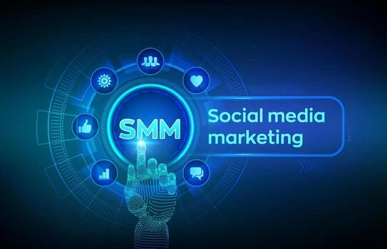 smm social media marketing likes comments followers and message icons on virtual screen robotic hand touching digital interface business and internet concept illustration vector